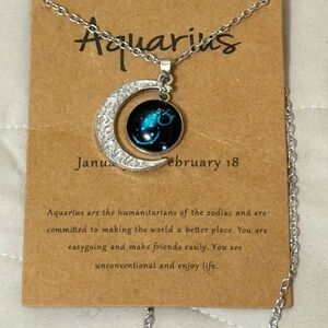 Luminous, Aquarius zodiac pendant, turquoise w/silver tone crescent moon.
